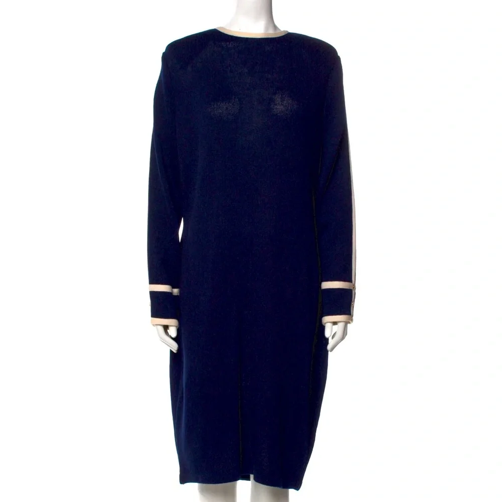 ST JOHN Navy Long Sleeve Dress with White Trim and Gold Button Detail - Picture 1 of 11